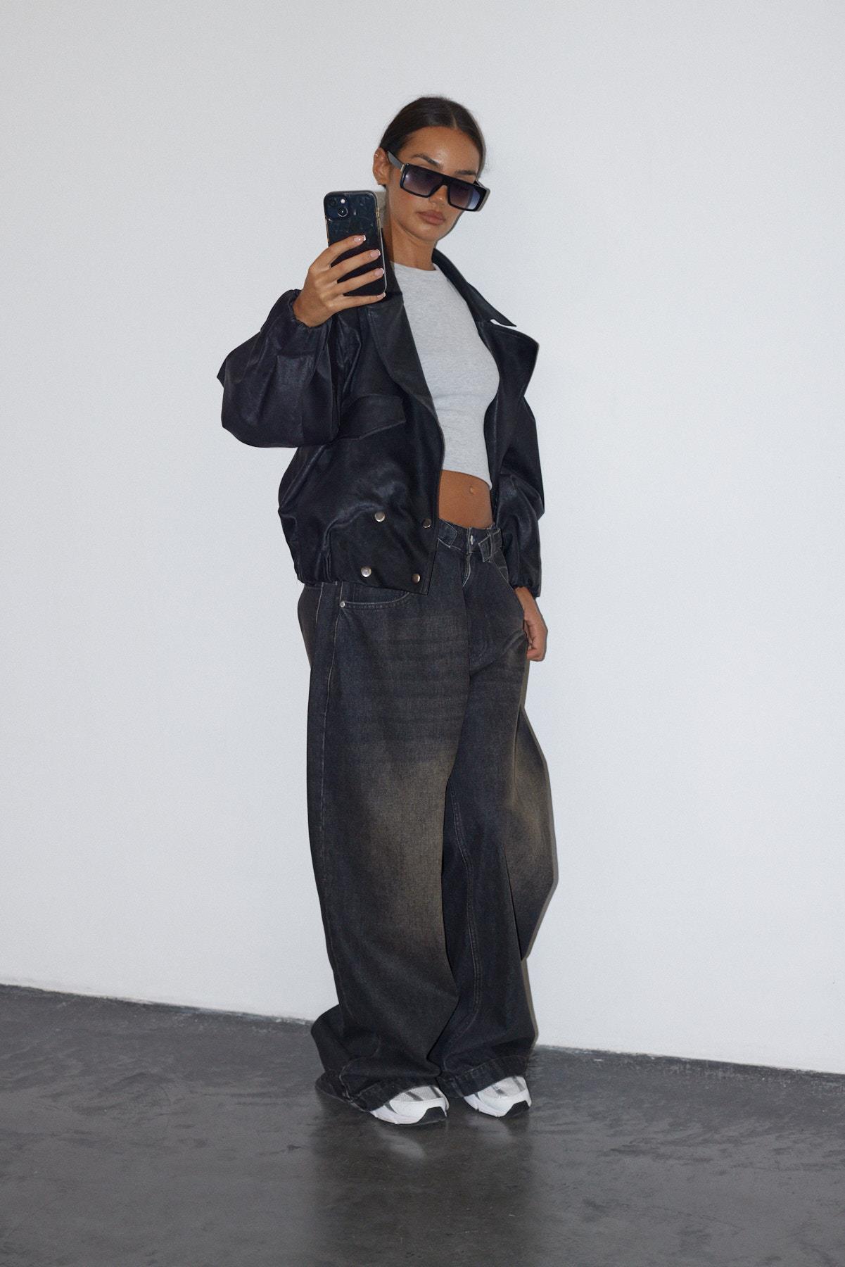 Siyah Oversize Deri Mont - South Coast