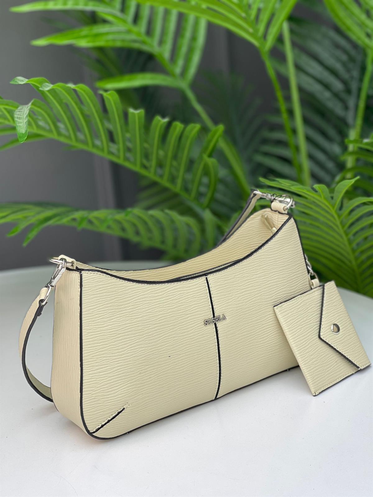 ÇANTABAGET FORM BEJ ÖZEL DERİLİ KISA VE UZUN ASKI EKSTRA MİNİ CÜZDANLI KADIN ÇANTA