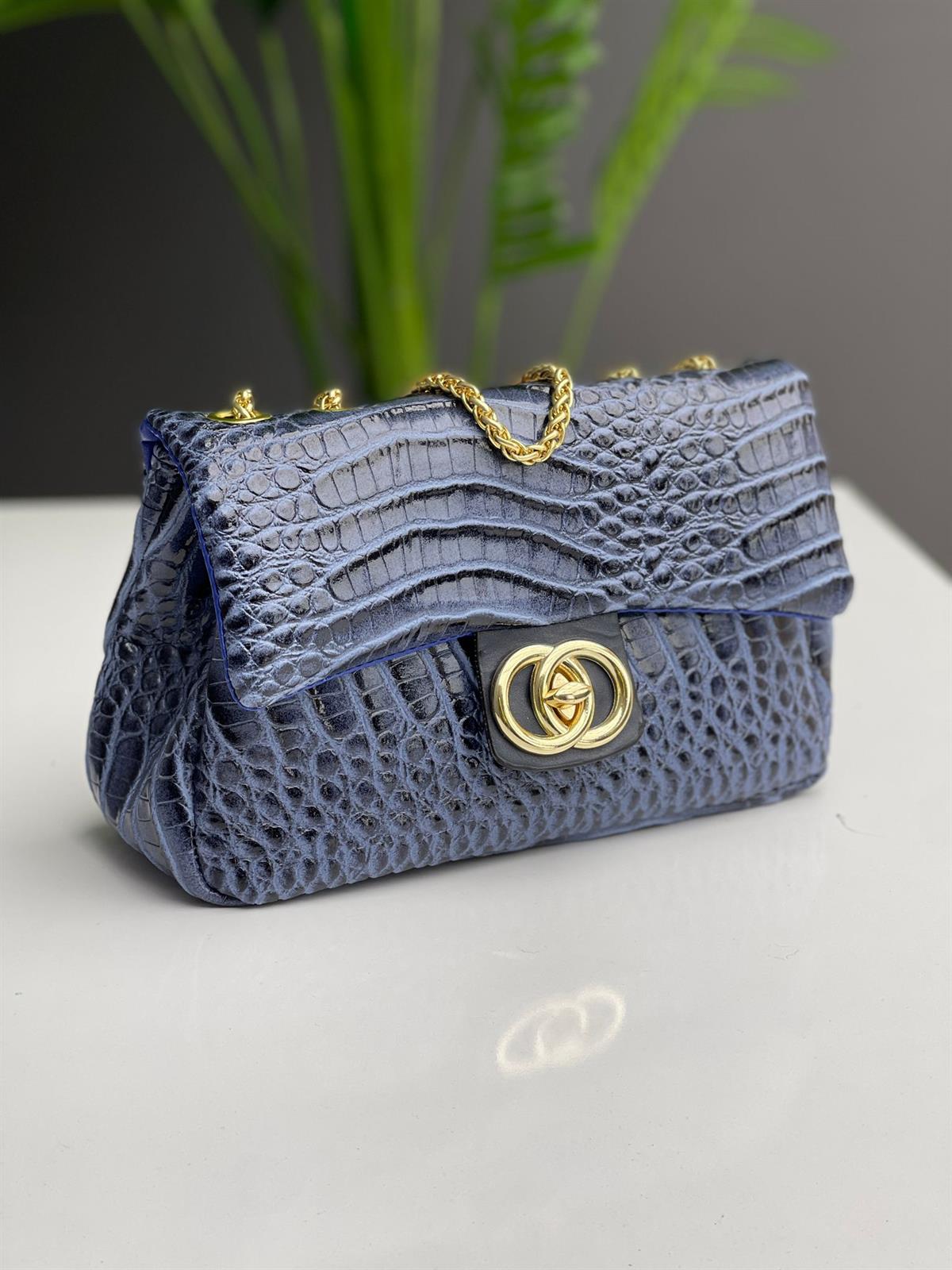ÇANTAPREMİUM ZİNCİR ASKILI MAVİ KROKO DESEN KADIN ÇANTA