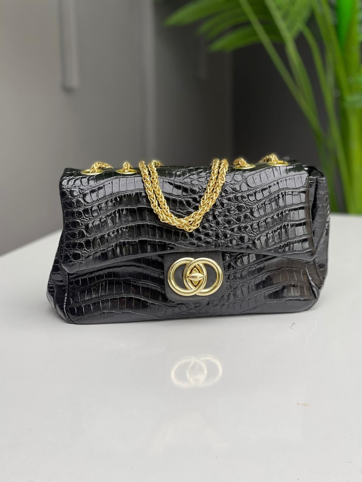 ÇANTAPREMİUM ZİNCİR ASKILI SİYAH KROKO DESEN KADIN ÇANTA