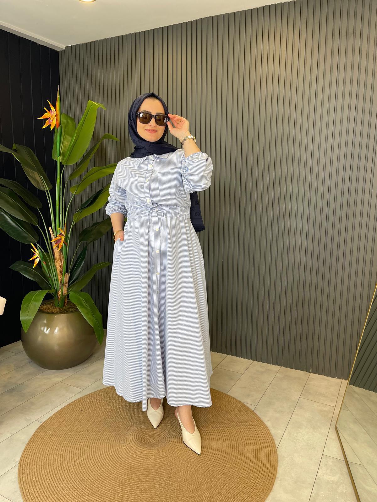 ELBİSEBEL LASTİKLİ ÇİZGİLİ ELBİSE 