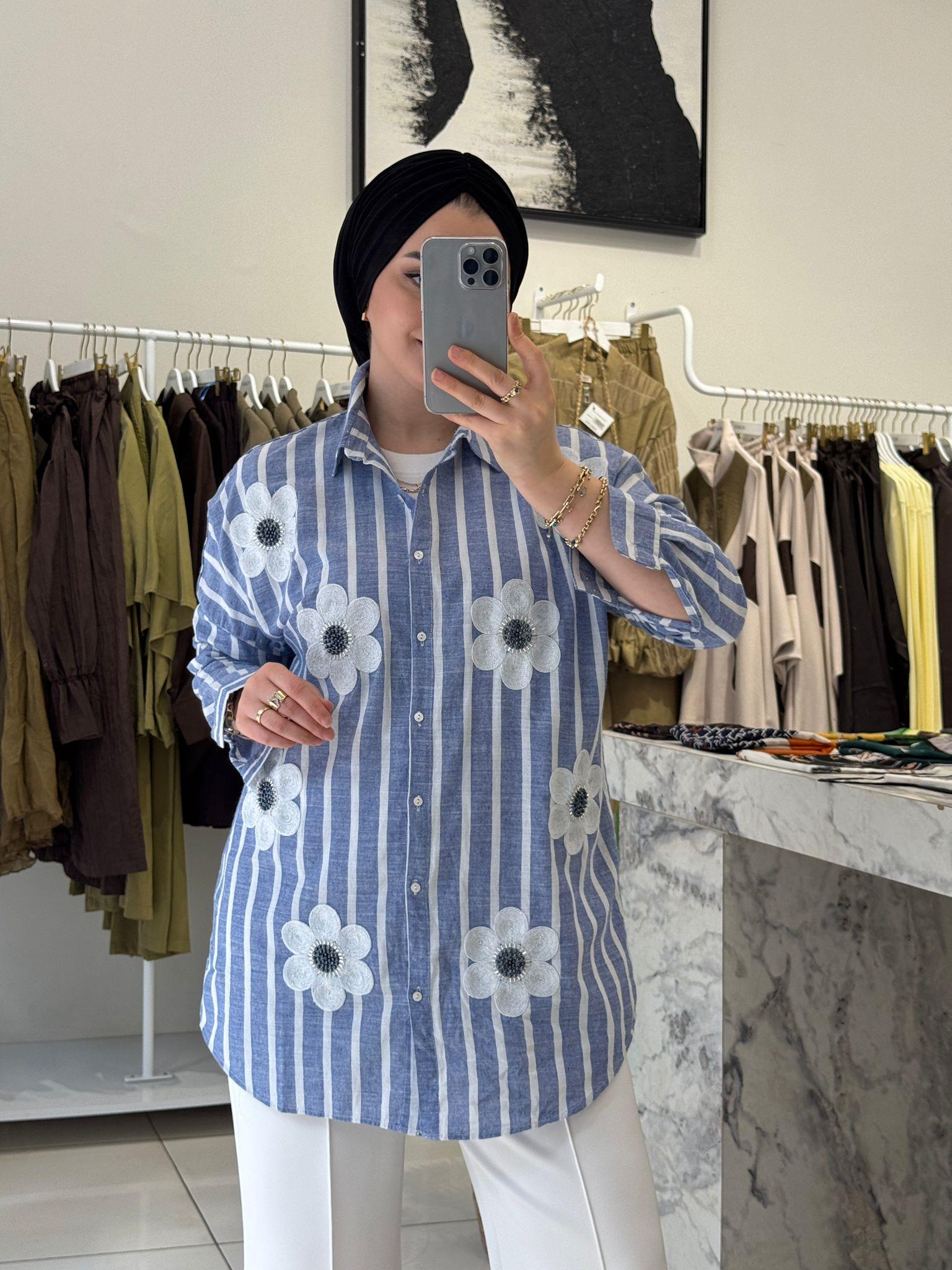 GömlekÇİÇEK İŞLEMELİ ÇİZGİLİ  KETEN GÖMLEK 