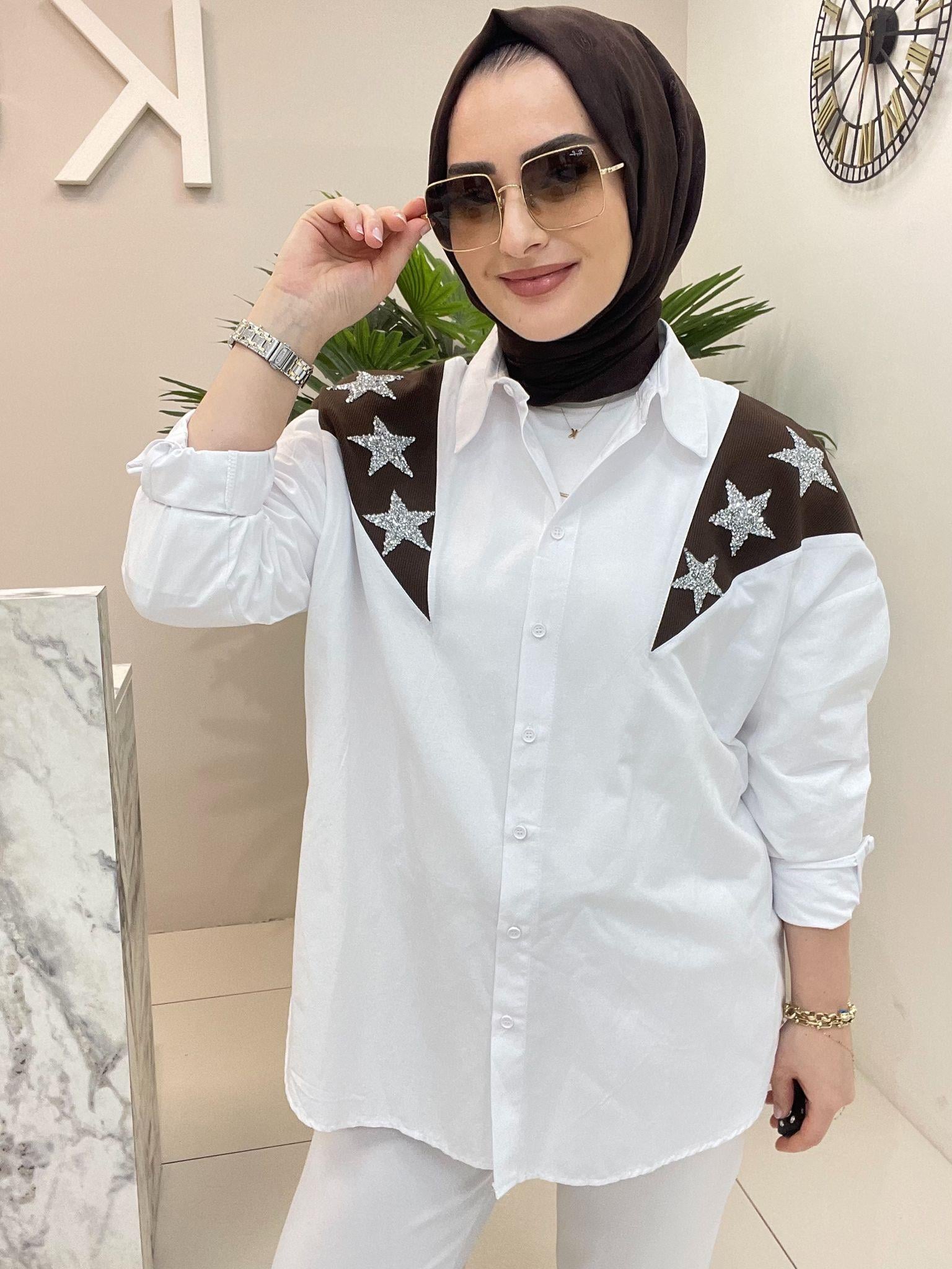 GömlekPOPLİN YAKA YILDIZ TAŞ İŞLEMELİ GÖMLEK