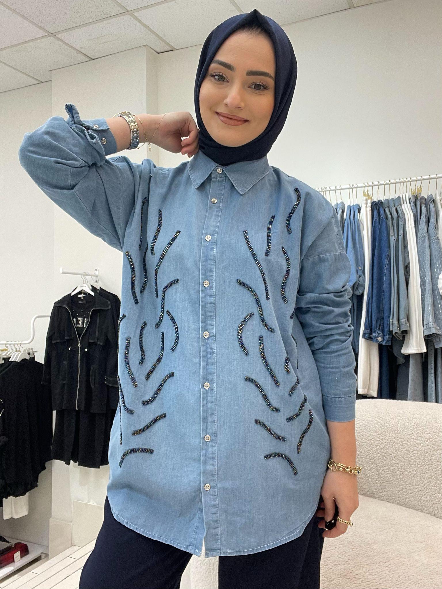 GömlekTENSEL TAŞ İŞLEMELİ KOT GÖMLEK