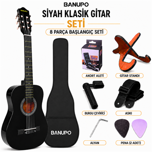 Banupo Black Klasik Gitar Bundle Seti (Gitar + Kılıf + Akort Aleti + Gitar Standı + Askı)