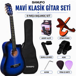 Banupo Blue Klasik Gitar Bundle Seti (Gitar + Kılıf + Akort Aleti + Gitar Standı + Askı)
