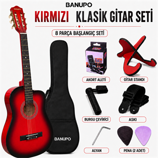 Banupo Red Black Klasik Gitar Bundle Seti (Gitar + Kılıf + Akort Aleti + Gitar Standı + Askı)
