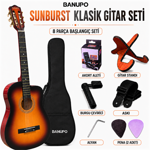 Banupo Sunburst Klasik Gitar Bundle Seti (Gitar + Kılıf + Akort Aleti + Gitar Standı + Askı)