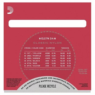 Daddario EJ27N 3/4 Klasik Gitar Tel Seti Silverplated Wound Normal Tension