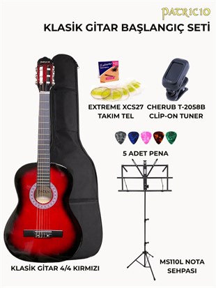 Patriccio PTRD Klasik Gitar (Kırmızı 4/4) Başlangıç Seti (Klasik Gitar + Yedek Tel + Pena + Kılıf + Nota Sehpası + Tuner)