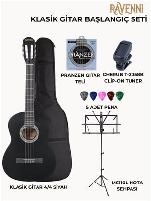 Ravenni RCG120BKC Klasik Gitar (Siyah 4/4) Başlangıç Seti (Klasik Gitar + Yedek Tel + Nota Sehpası + Tuner + Pena + Kılıf)