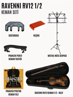 Ravenni RV12 1/2 Keman Başlangıç Seti (Keman + Reçine + Yedek Tel + Susturucu + Yastık + Kılıf + Nota Sehpası) 
