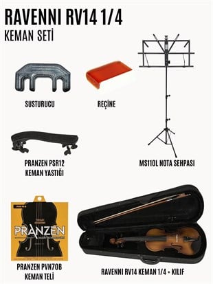 Ravenni RV14 1/4 Keman Başlangıç Seti (Keman + Reçine + Yedek Tel + Susturucu + Yastık + Kılıf + Nota Sehpası) 