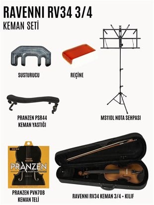 Ravenni RV34 3/4 Keman Başlangıç Seti (Keman + Reçine + Yedek Tel + Susturucu + Yastık + Kılıf + Nota Sehpası)