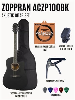 Zoppran ACZP100BK Akustik Gitar Başlangıç Seti (Akustik Gitar + Yedek Tel + Kapo + Tuner + Pena + Kılıf)