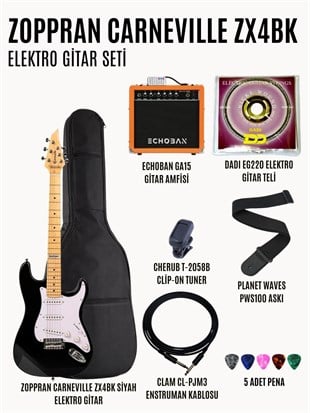 Zoppran Carneville ZX4BK Elektro Gitar Başlangıç Seti (Elektro Gitar + Yedek Tel + Tuner + Askı + Pena + Kılıf + Amfi + Kablo) 