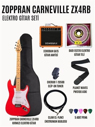 Zoppran Carneville ZX4RB Elektro Gitar Başlangıç Seti (Elektro Gitar + Yedek Tel + Tuner + Askı + Pena + Kılıf + Amfi + Kablo)