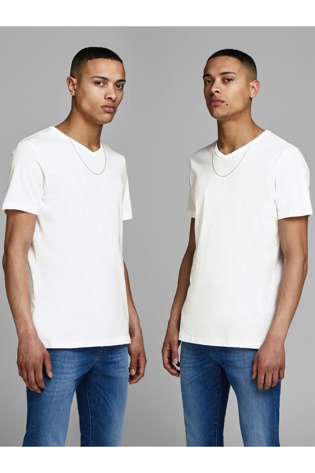 Jack & Jones Beyaz 2li Paket V Yaka Tshirt - 12133914 - Jack & Jones - 12133914