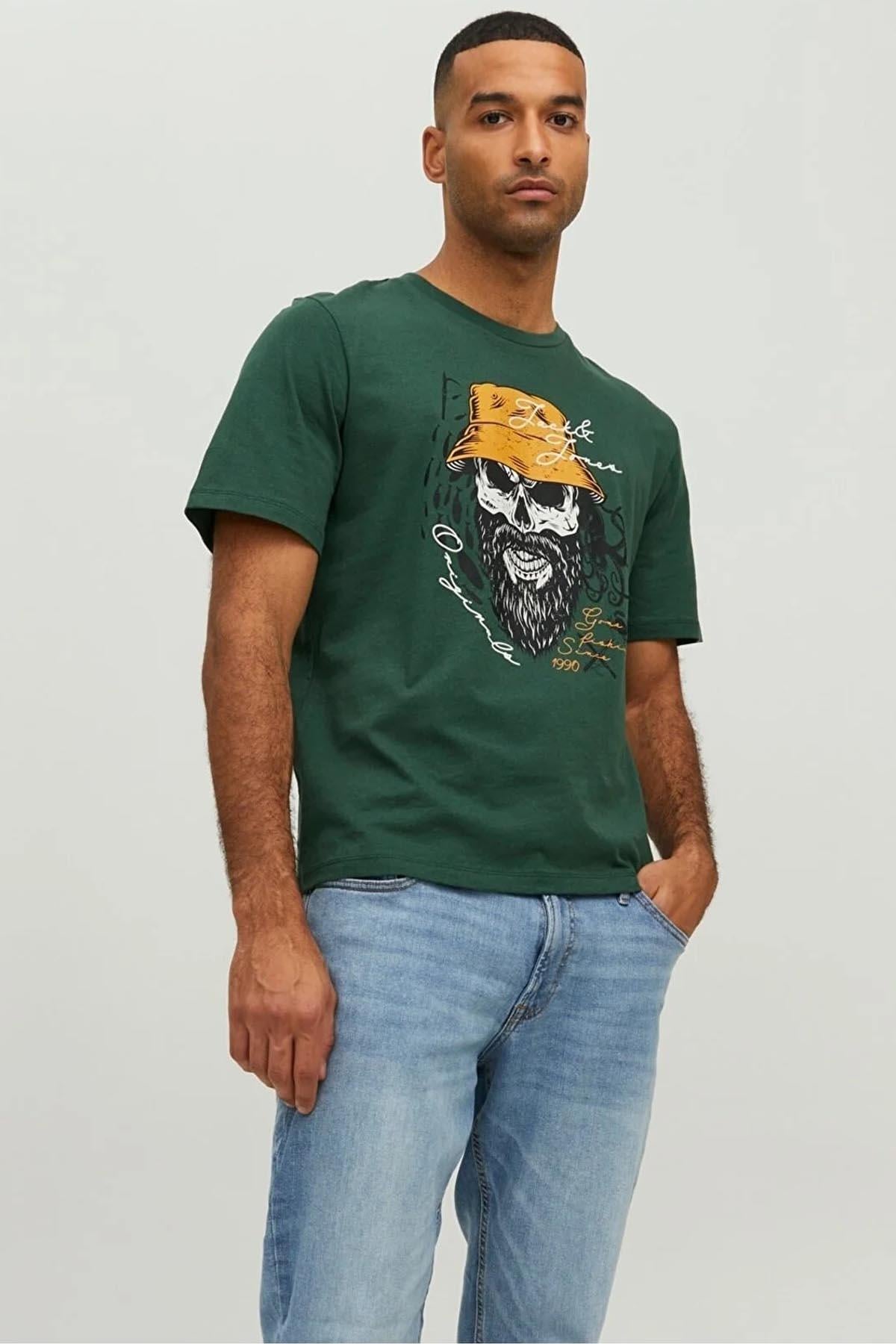 Jack & Jones Erkek Kuru Kafa Desenli Baskılı T-shirt - 12227779 - Jack & Jones - 12227779