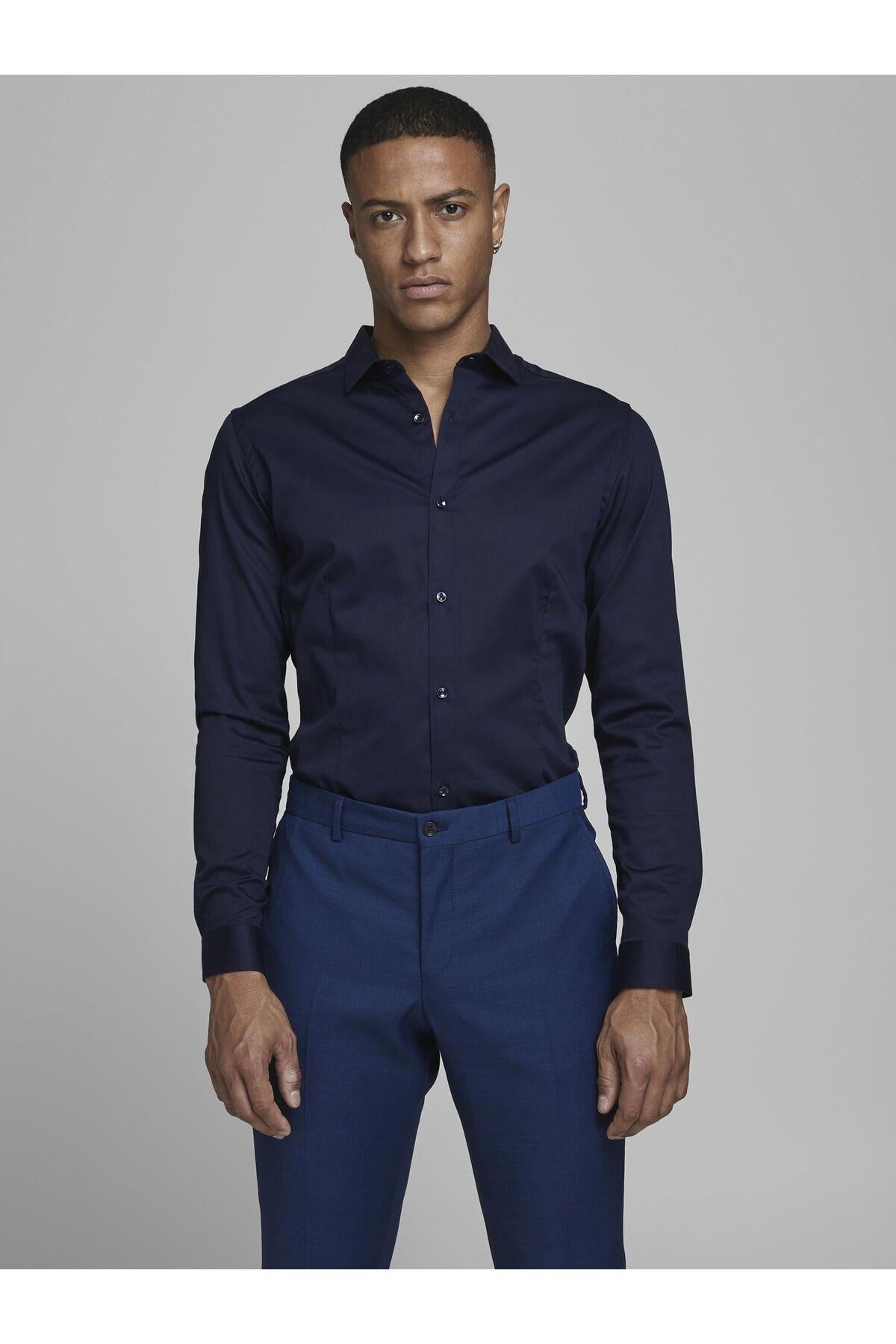 Jack & Jones Erkek Parma Premium Uzun Kollu Lacivert Gömlek-12097662 - Jack & Jones - 4-12097662