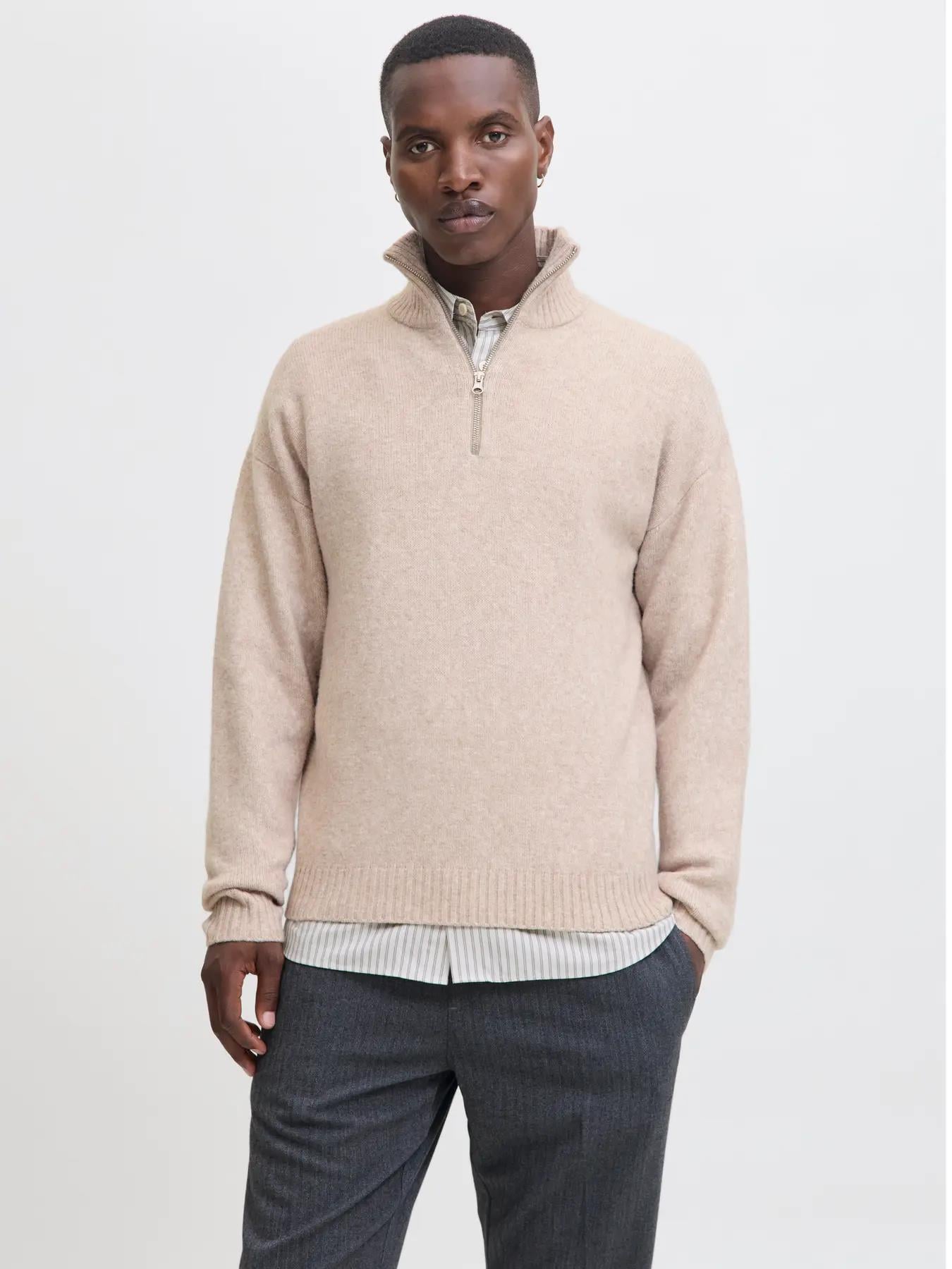 Jack & Jones Erkek Yarım Fermuarlı Dik Yaka Bej Örme Kazak - 12278937 - Jack & Jones - 12278937