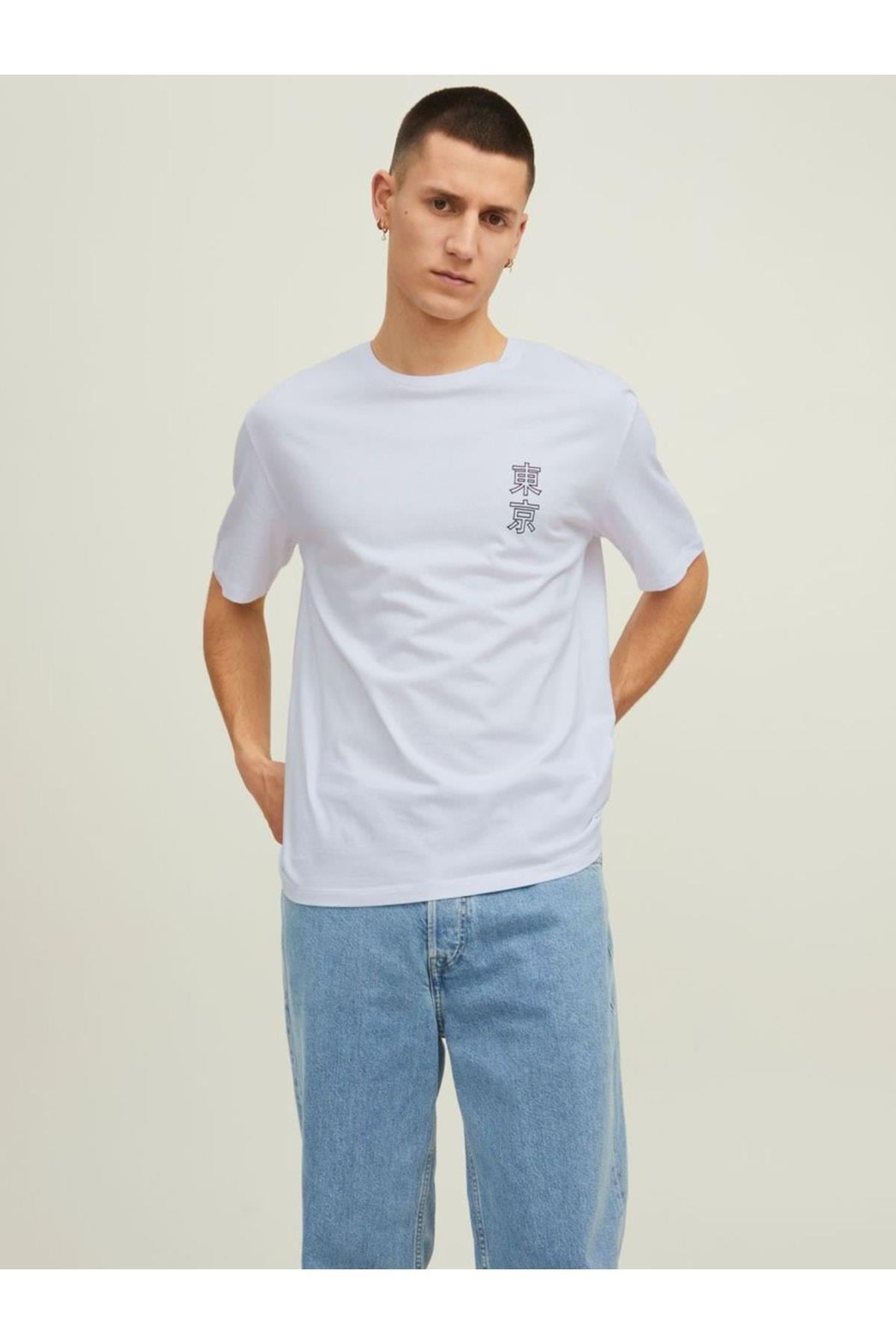 Jack & Jones Japan Erkek Tişört-beyaz-12210323 - Jack & Jones - 12210323 beyaz