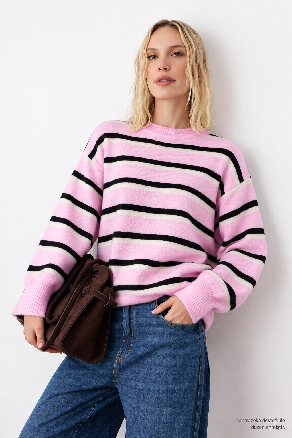 Layk Mayk Kadın Oversize Çizgili Yumuşak Dokulu Pembe Kazak-00553667 - Layk Mayk - 00553667