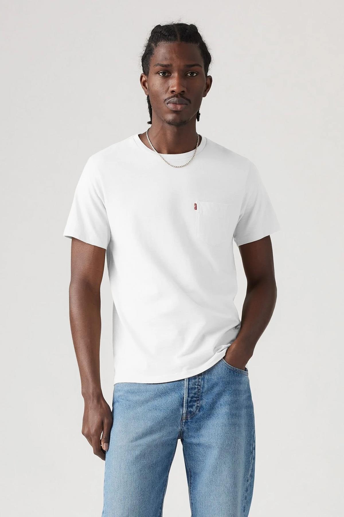 Levi's Erkek Bisiklet Yaka Düz Beyaz Cepli Relaxed The Pocket Tişört - 001TT0001 - Levi's - 001TT-0000