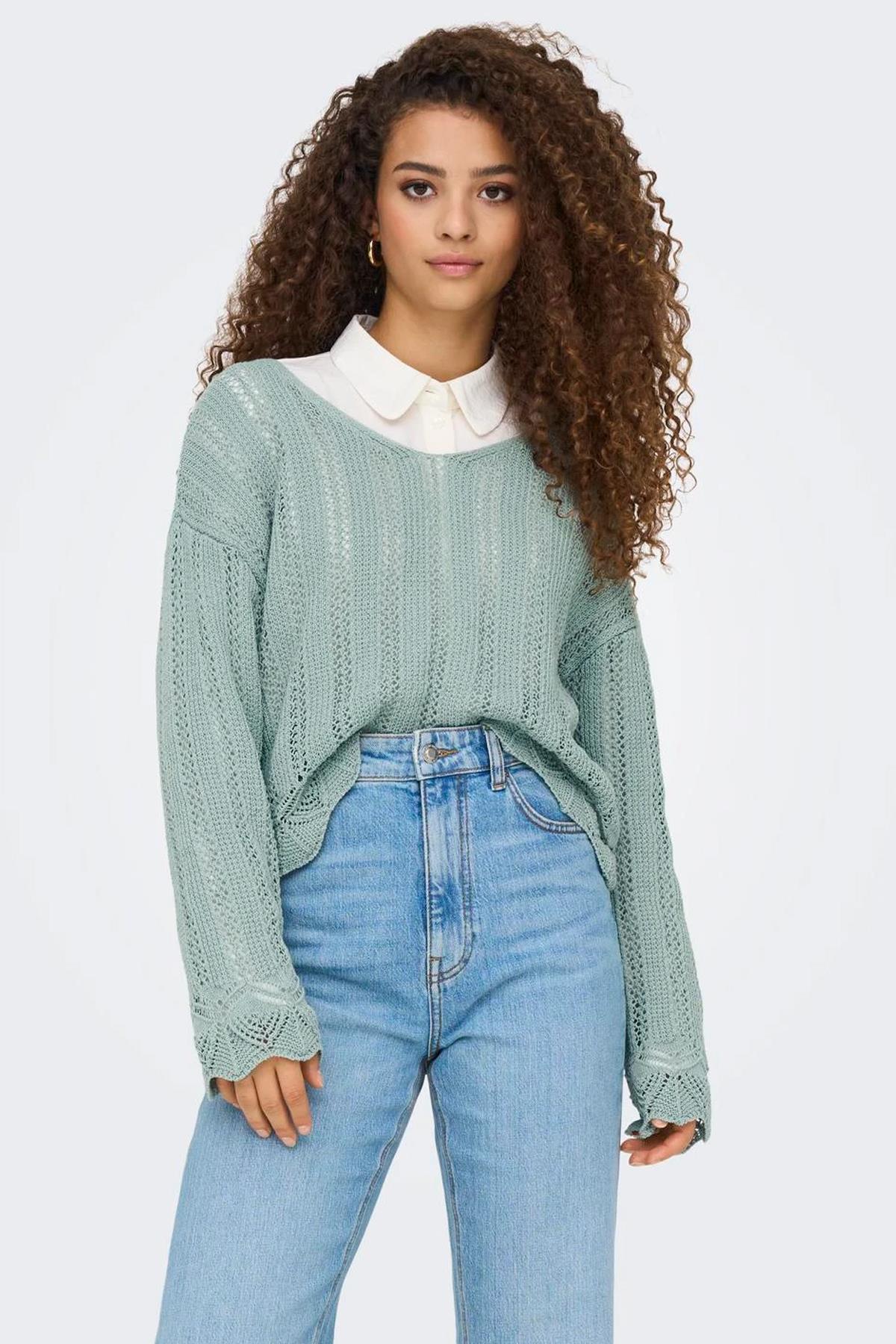 Only Kadın Regular Fit V Yaka Mavi Örme Kazak - 15339529 - Only - 15339529-3