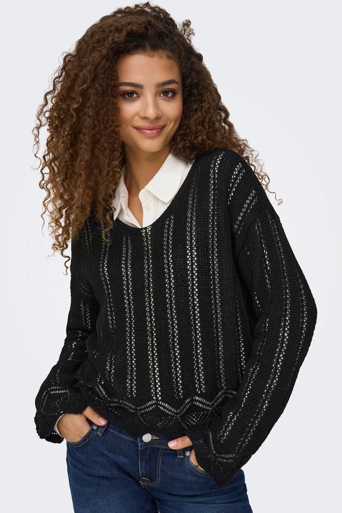 Only Kadın Regular Fit V Yaka Siyah Örme Kazak - 15339529 - Only - 15339529-1