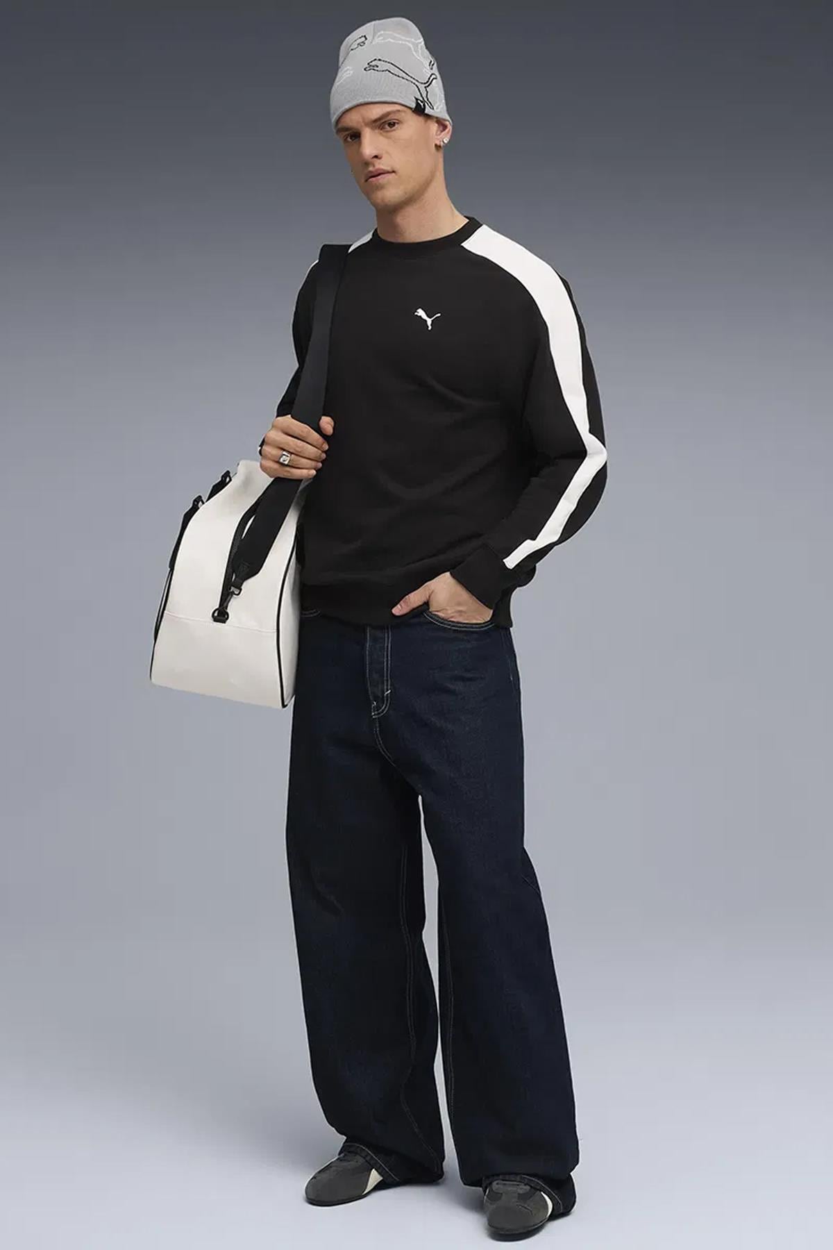 Puma Relaxed Crew T7 Siyah Beyaz Erkek Spor Sweatshirt -63343301  - Puma - 63343301