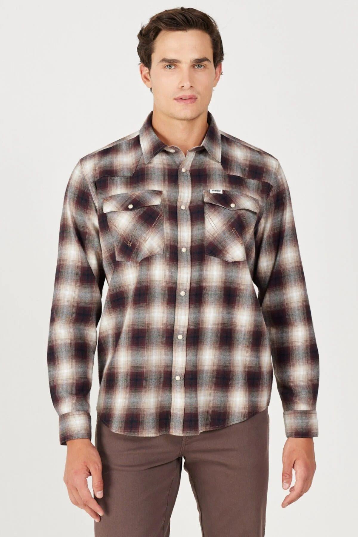 Wrangler Loose Fit Rahat Kesim Pamuklu Bej Bordo Ekoseli Erkek Gömlek - W556B3 - Wrangler - W556B3