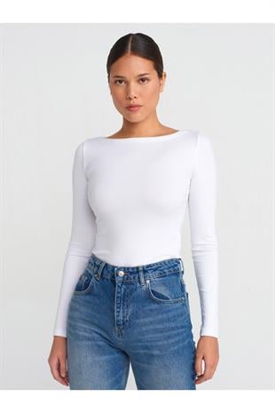 Dilvin Kadın Kayık Yaka Uzun Kollu Top Beyaz T-shirt - 31332 - Dilvin - 101A31332