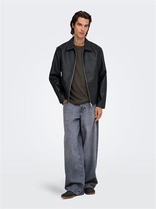 Only & Sons Erkek Onsrem Siyah Deri Ceket - 22038683   - Only & Sons - 22038683