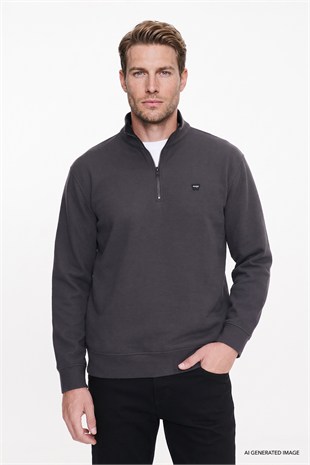 Wrangler Erkek Pamuklu Selanik Regular Fit Fermuarlı Dik Yaka Antrasit Sweatshirt - Wrangler - W2620081