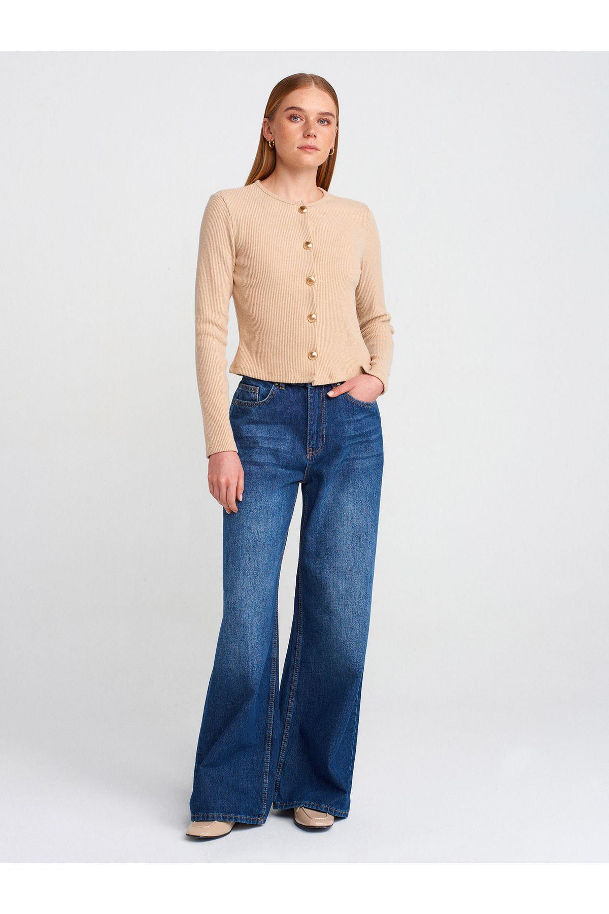 Dilvin Kadın Dökümlü Kumaş Geniş Lacivert Denim Pantolon - 71784 - Dilvin - 101A71784