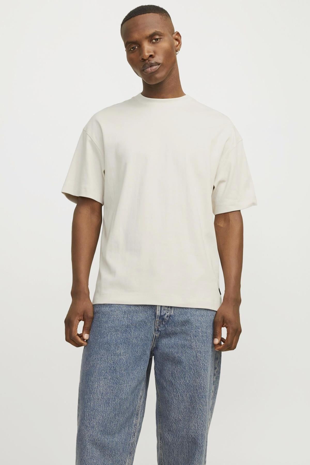 Jack & Jones Erkek Bisiklet Yaka Loose Fit Bej T-Shirt - 12254412 - Jack & Jones - 12254412-B