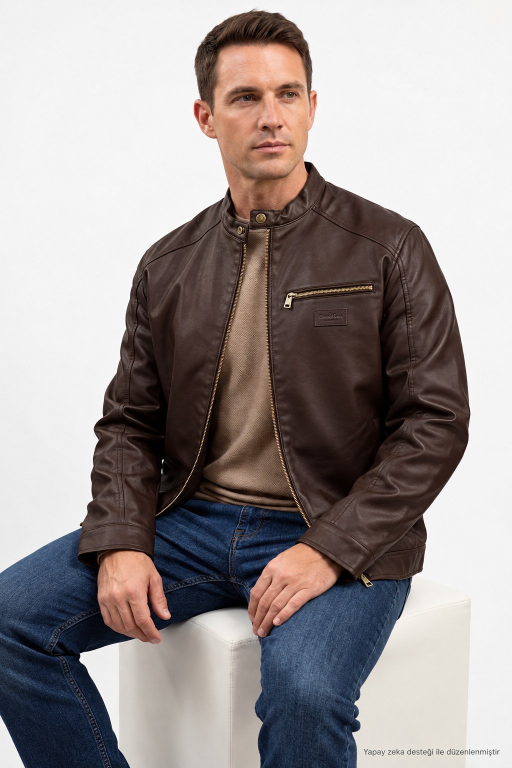 Jack & Jones Erkek Fermuarlı Koyu Kahverengi Deri Ceket-12301595 - Jack & Jones - 12301595-K
