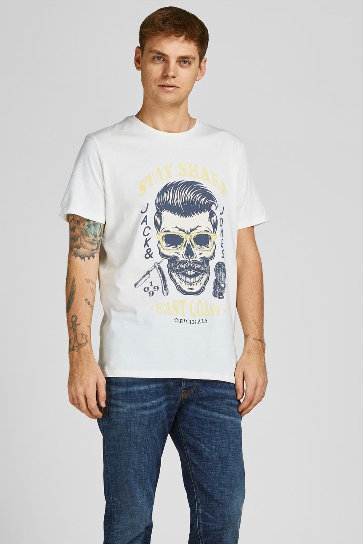 Jack & Jones Erkek Kuru Kafa Baskılı Beyaz T-shirt - 12205684 - Jack & Jones - 2-12205684