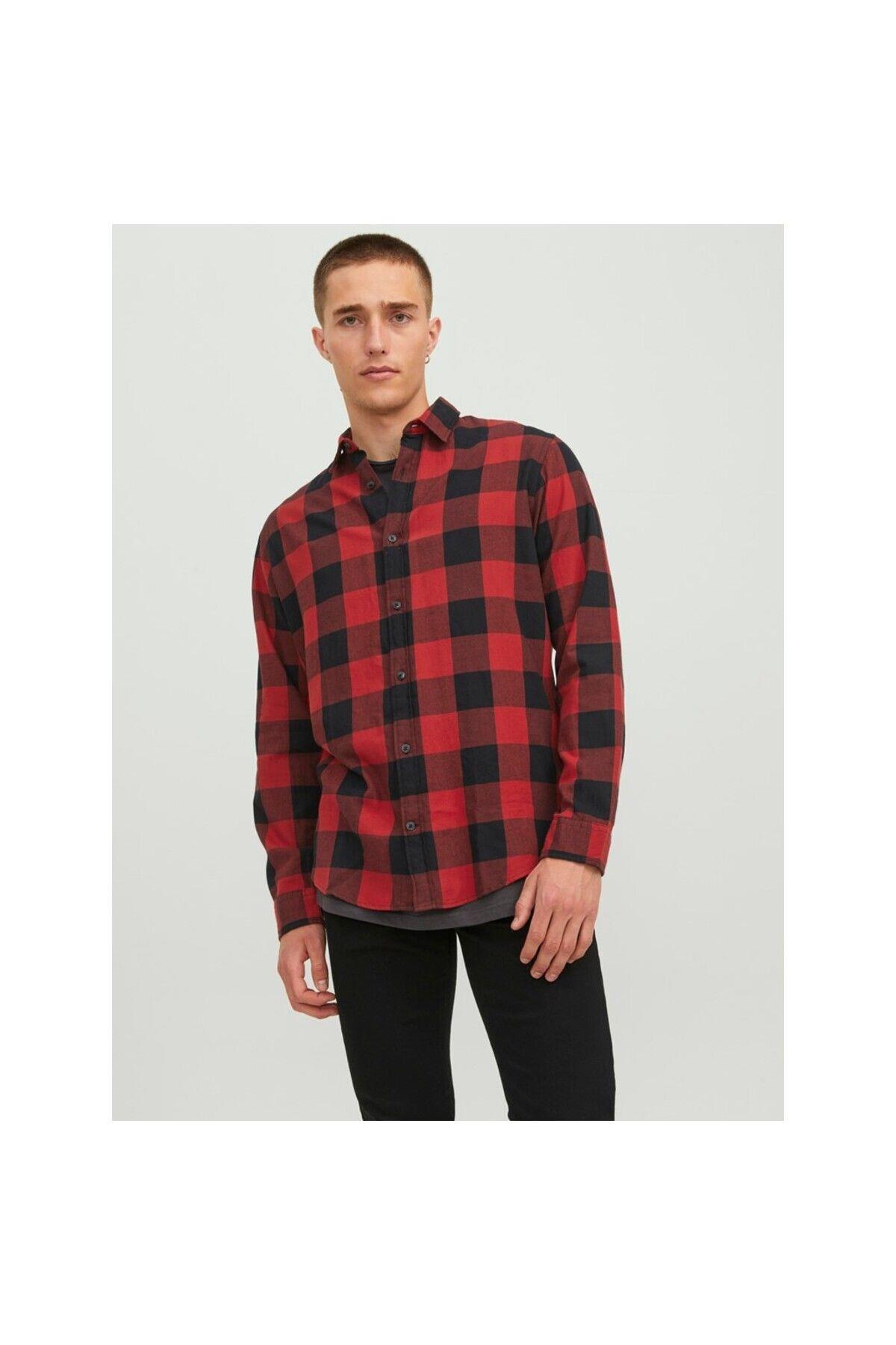 Jack & Jones Erkek Slim Fit Uzun Kollu Kırmızı Gömlek - 12181602 - Jack & Jones - 1-12181602