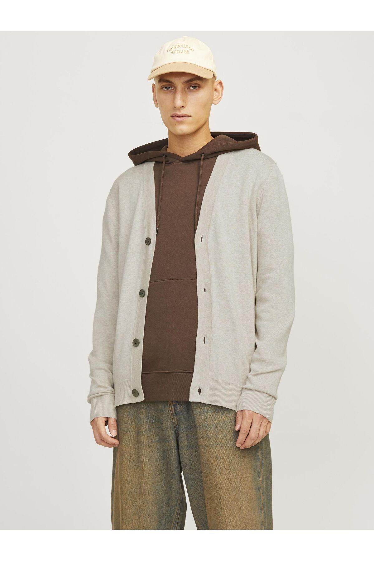 Jack & Jones Erkek Strickjacke Einfarbig Bej Düğmeli Hırka - 12257492 - Jack & Jones - 2-12257492