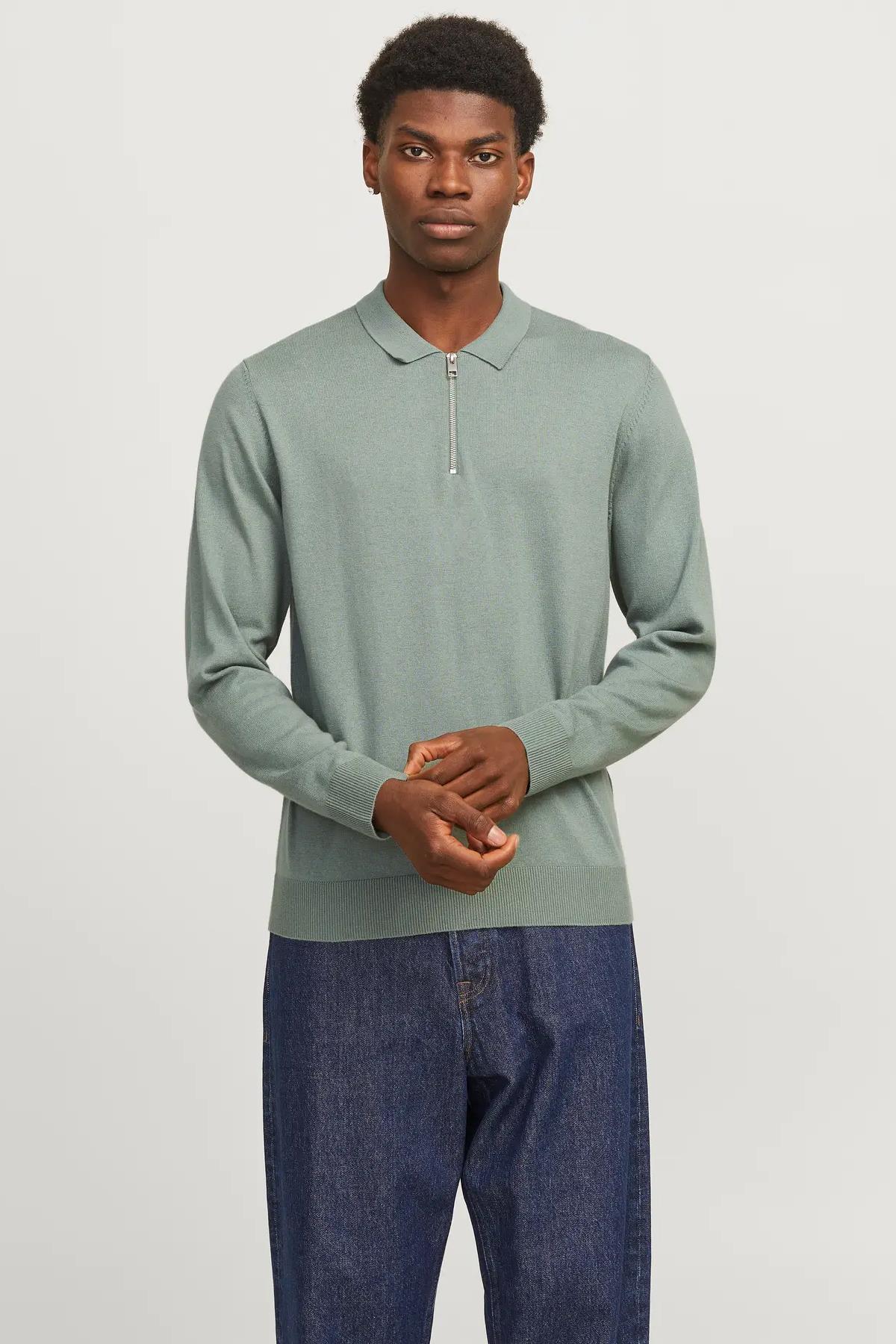Jack & Jones Erkek Yarım Fermuarlı Polo Yaka Yeşil Kazak - 12268210 - Jack & Jones - 12268210-1