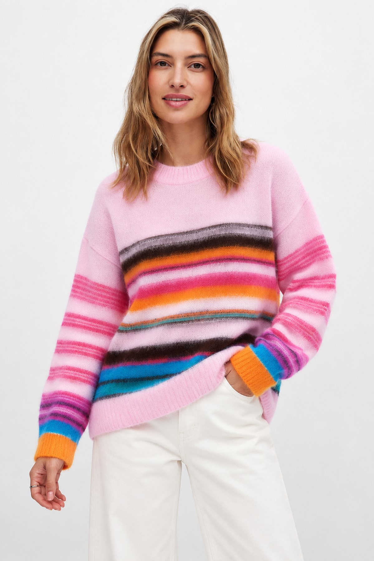 Layk Mayk Kadın Renkli Çizgili Oversize Pembe Yün Kazak-00559467 - Layk Mayk - 00559467