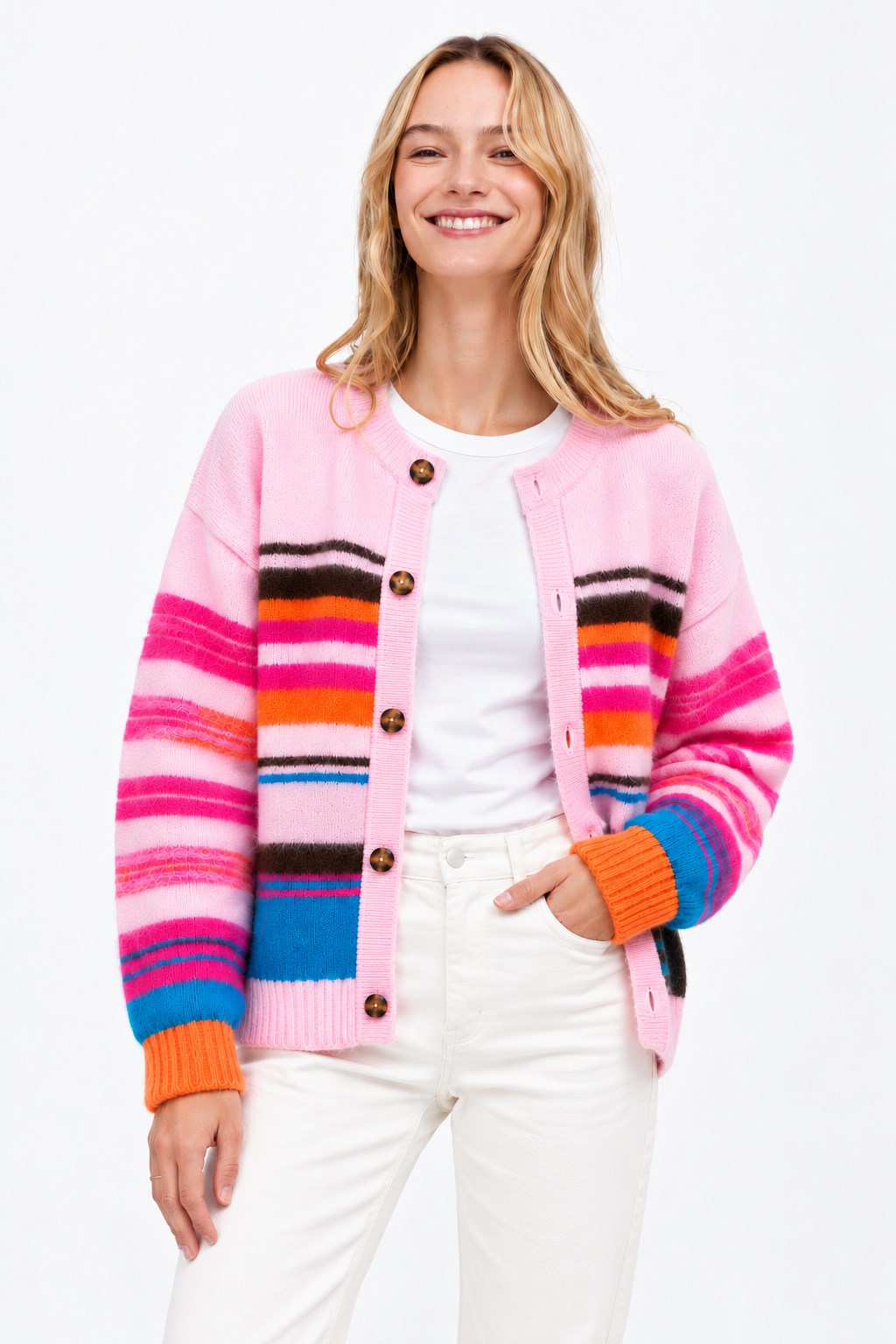 Layk Mayk Kadın Renkli Çizgili Oversize Pembe Yün Hırka-00561167 - Layk Mayk - 00561167