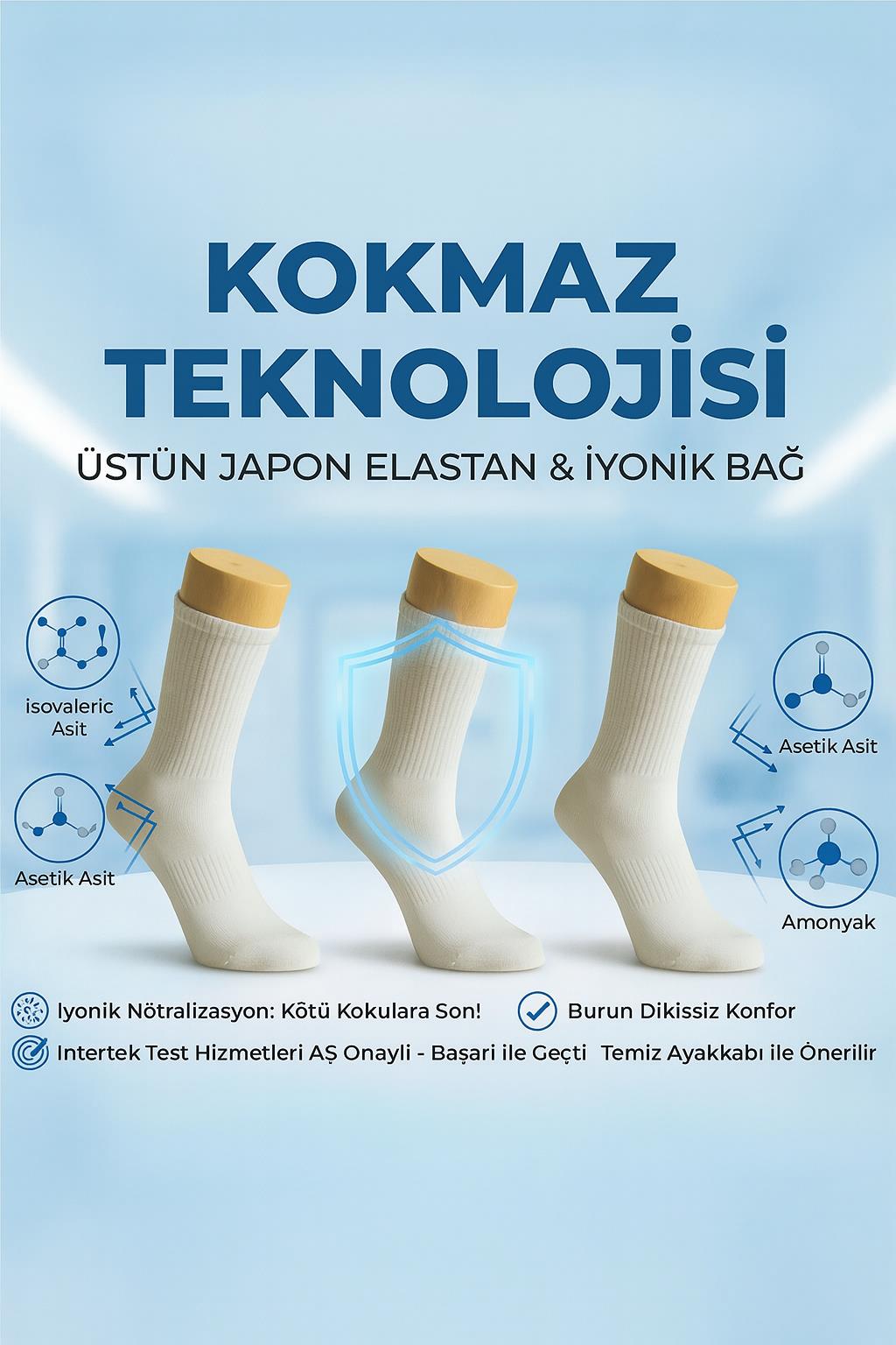 Laykmayk Koku Yapmayan Teknolojik Elasten Kokusuz Beyaz Uzun 3'lü Tenis Çorap-LYKM02 - LaykMayk - LYKM02