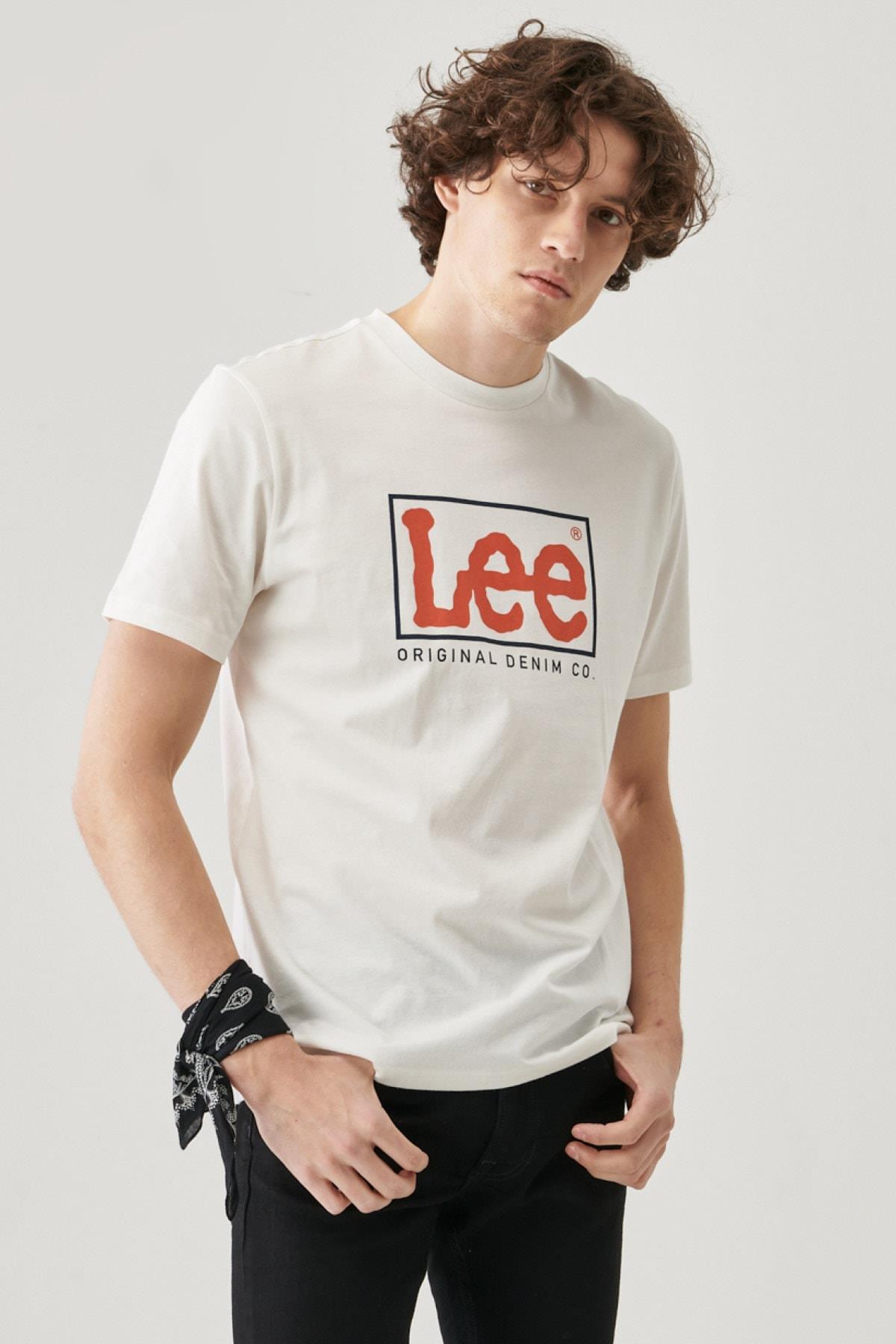 Lee Regular Fit Rahat Kesim Pamuk Wobbly Logo Crew Neck Beyaz Tişört - L68TYS - Lee - L68TYS
