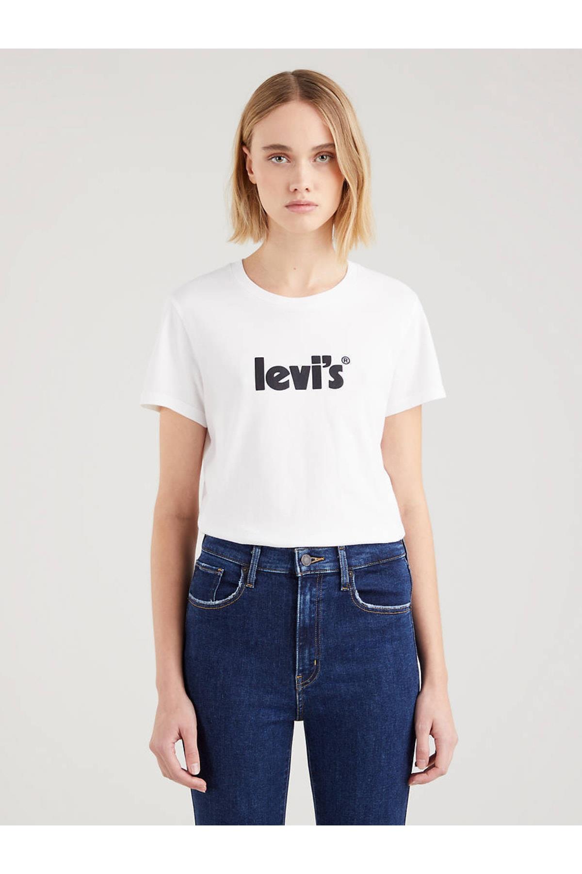 Levi s Kad n Beyaz T shirt Perfect Tee Poster Logo A2086 0168