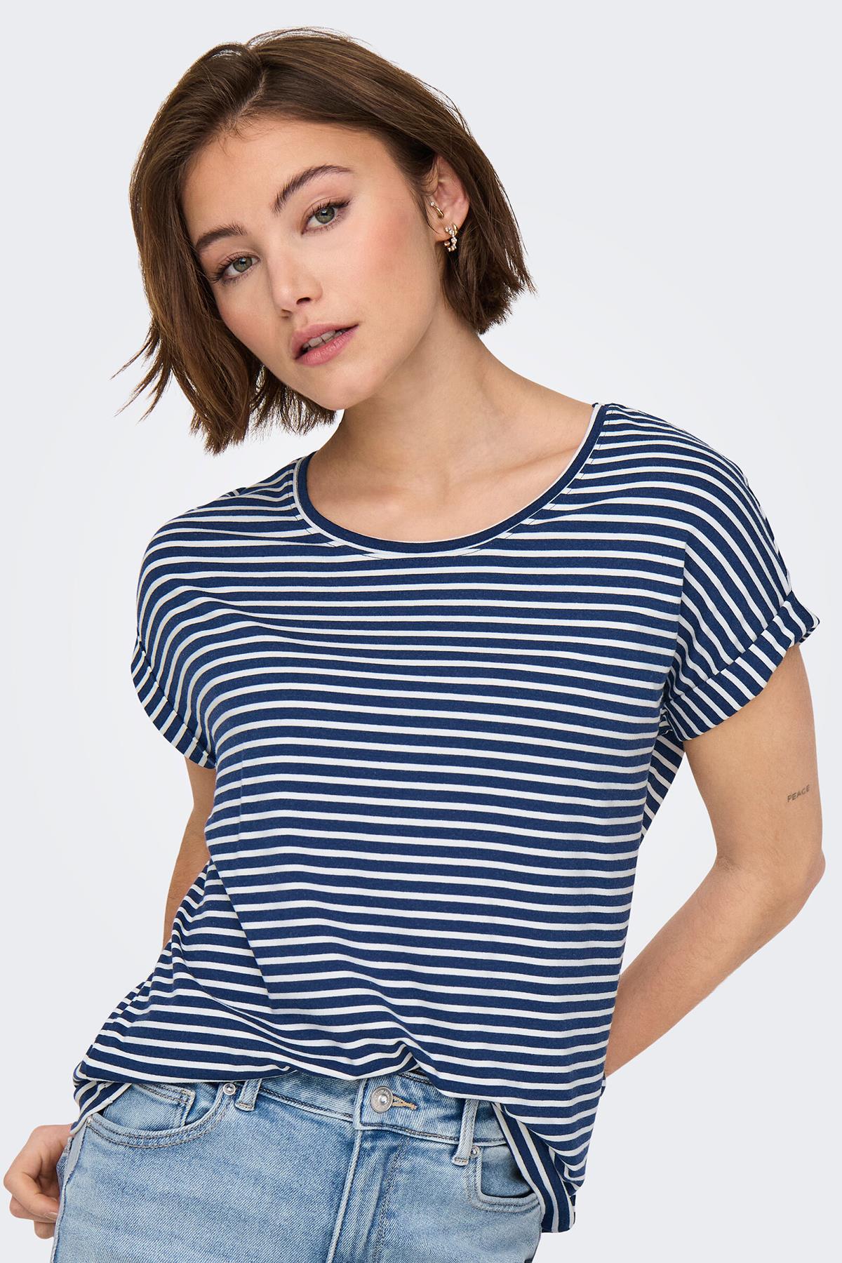 Only Kadın Bisiklet Yaka Kısa Kollu Çizgili Lacivert T-Shirt - 15206243 - Only - 15206243