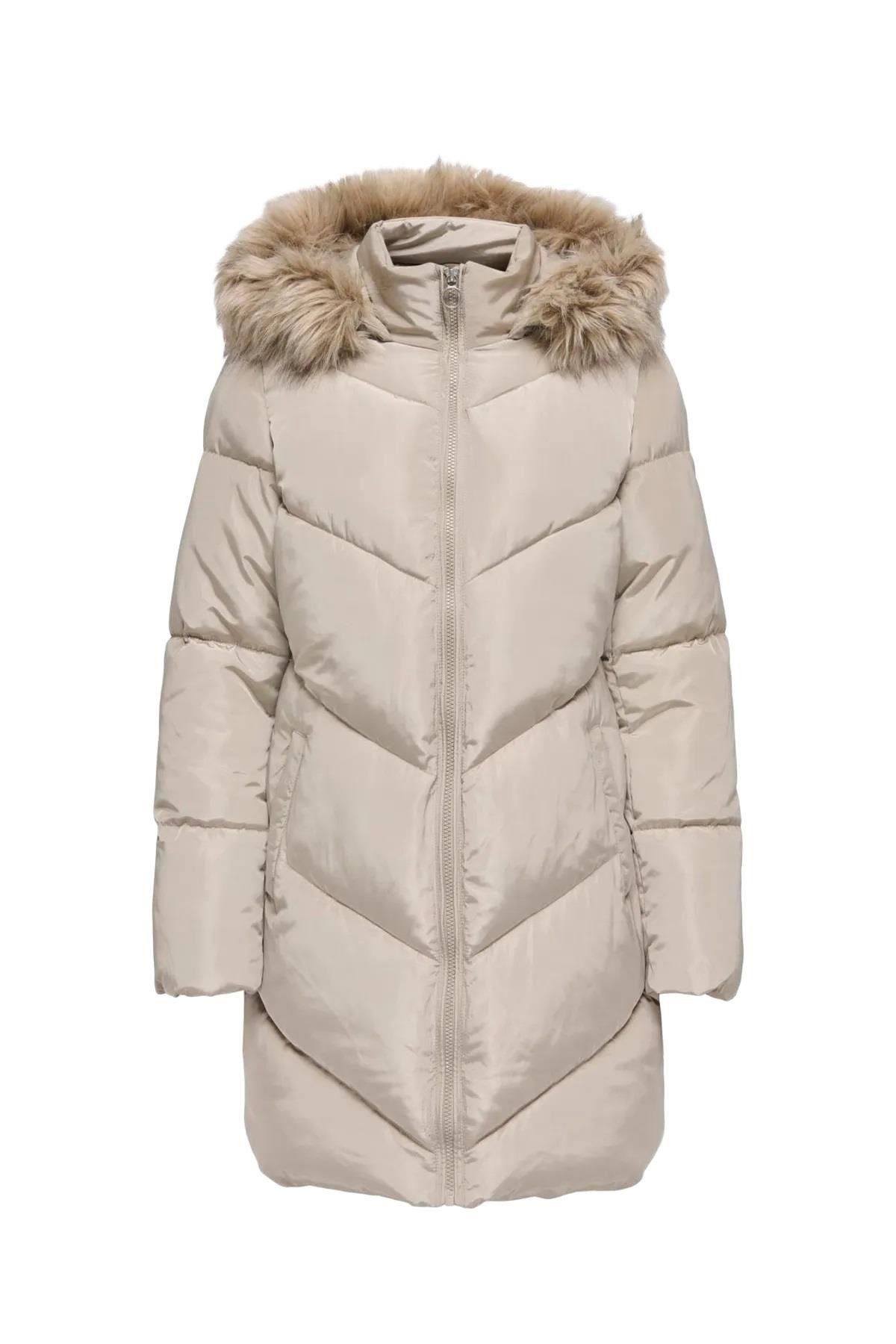 Only Kadın Kapüşonu Kürklü Uzun Bej Puffer Mont - 15238323 - Only - 15238323-Bej