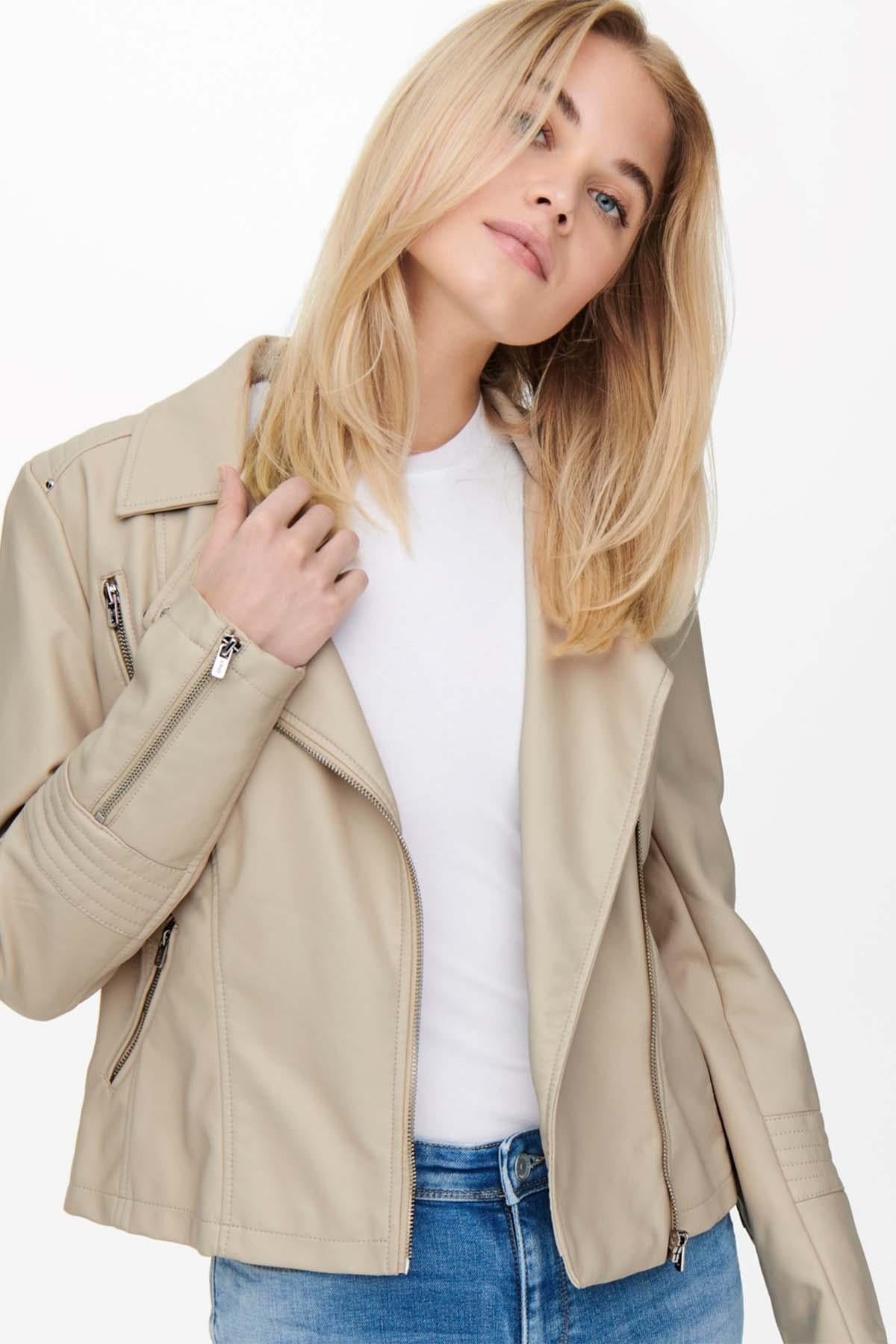 Only Kadın Krem Onlgemma Faux Leather Biker Deri Ceket 15153079 - Only - TYC00332134085